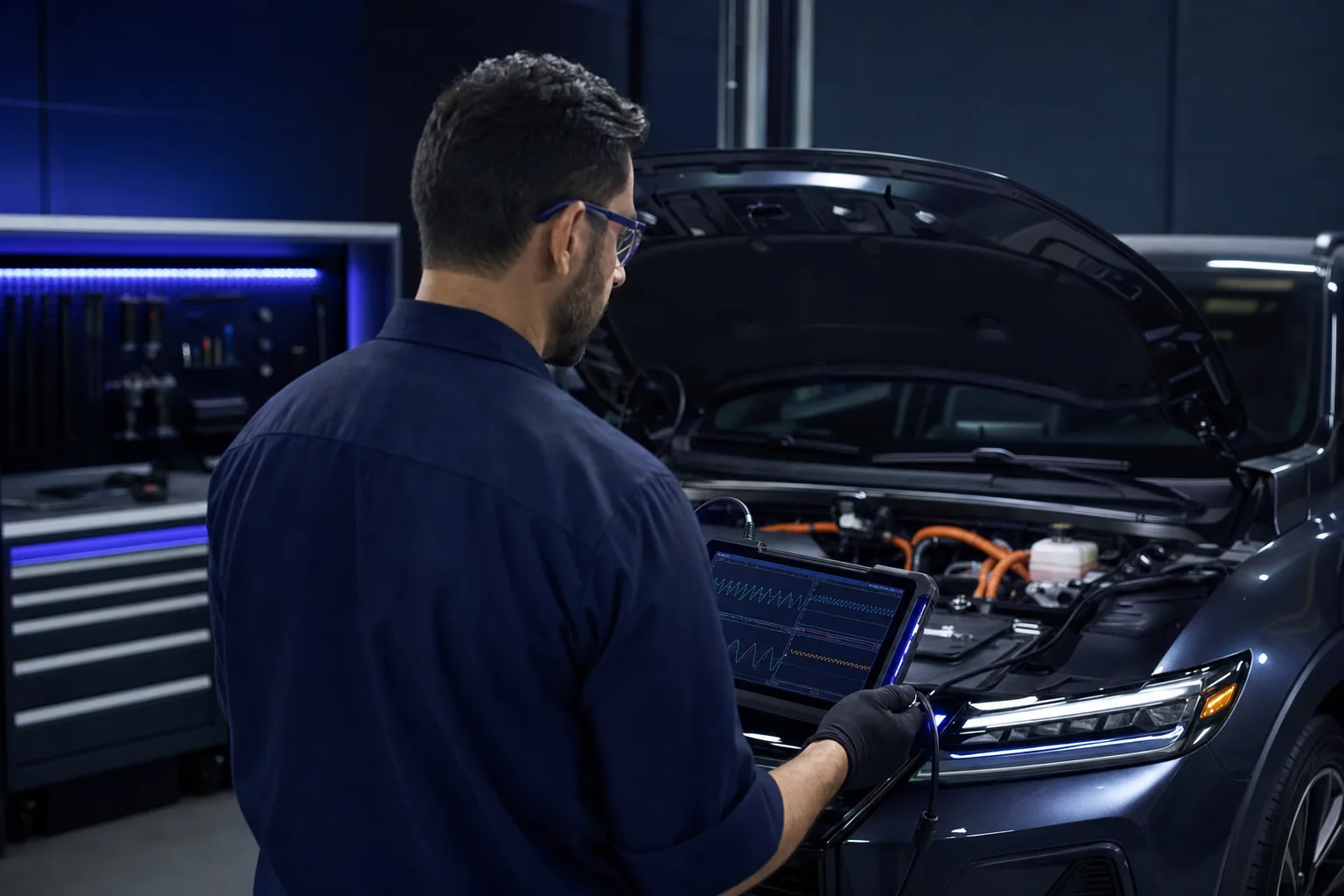 Specialist performing scan tool diagnostics in the electrical service bay, 1920x1080 webp