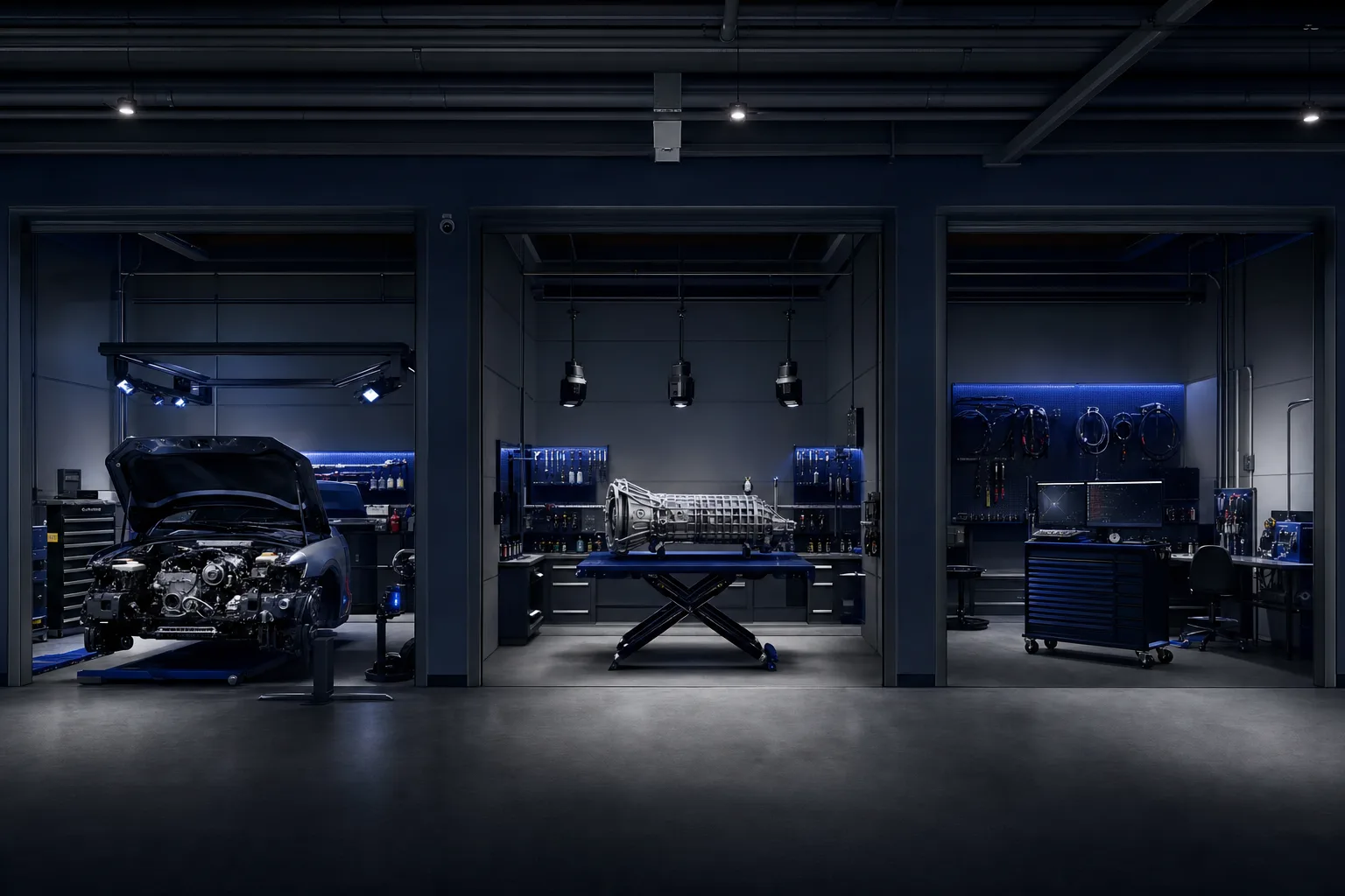 telomeraseq specialist workshop interior with three dedicated service bays, 1920x1080 webp
