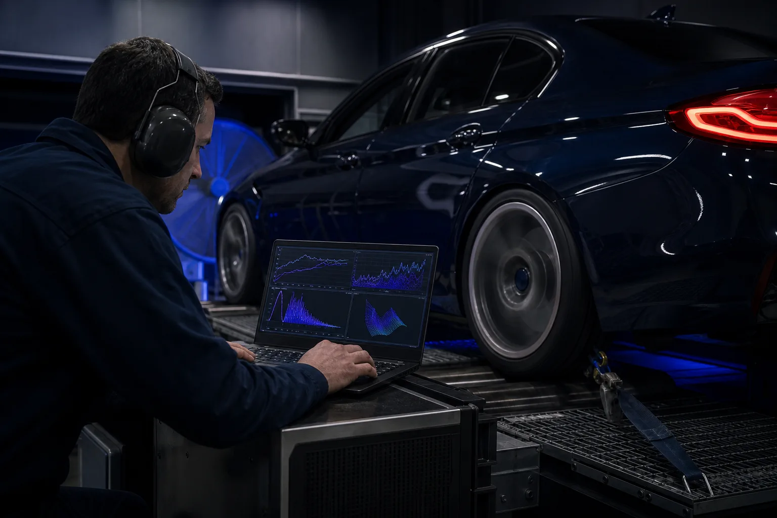 Technician analyzing engine and transmission live data during acceleration test, 1200x675 webp