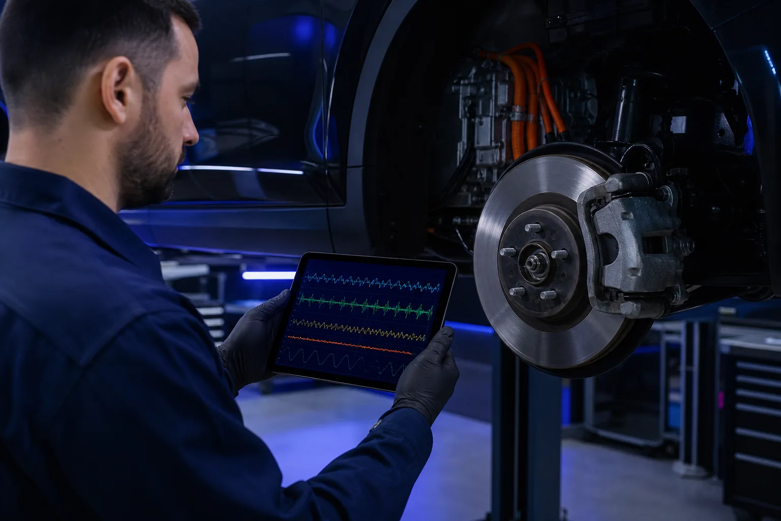 Hybrid vehicle brake system scan data review on a diagnostic tablet, 1200x675 webp