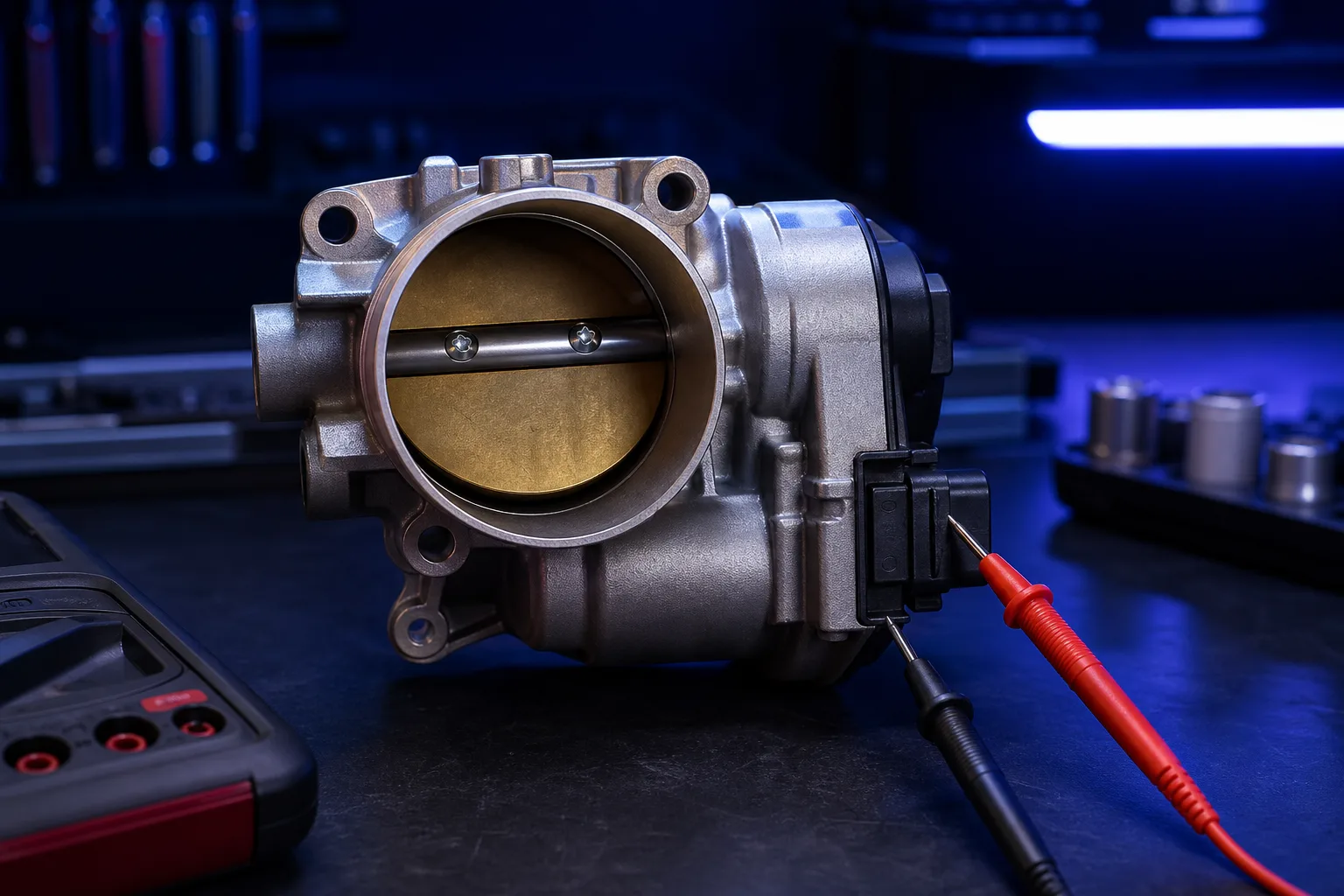 Electric throttle body with actuator motor on a workbench during diagnostic testing, 1200x675 webp